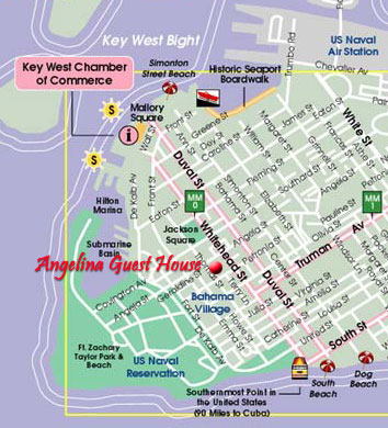 Map of Key West with location of Angelina Guest House